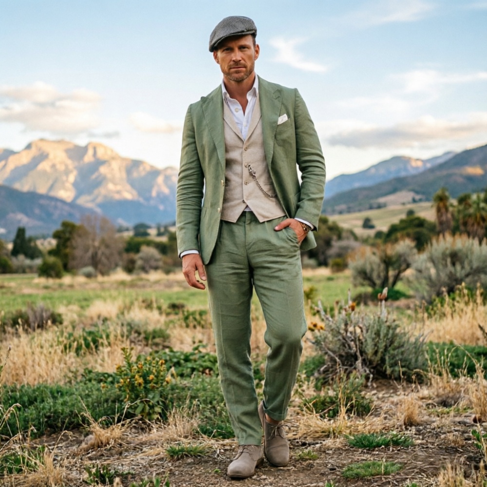 Men Formal Wear In Summer - Sage Green Linen Men 3 Piece