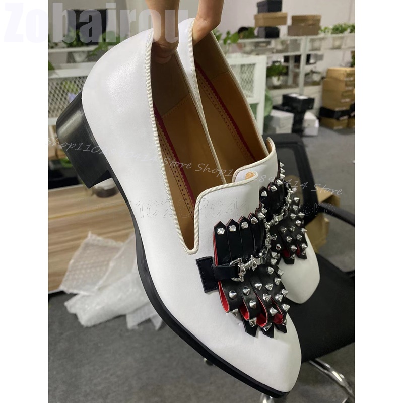 Men Formal Wear Shoes - Metal Rivets Black Tassels White Square