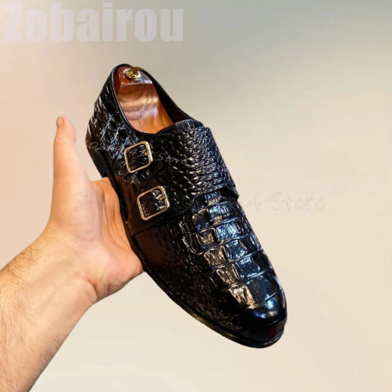 Men Formal Wear Shoes - Black Crocodile Print Buckle Decor Double