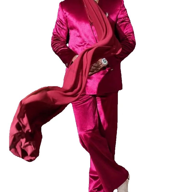 Pink Satin Men Suit Set 2 Piec - Men Formal Wear With Scarf บทวิจารณ์และราคา