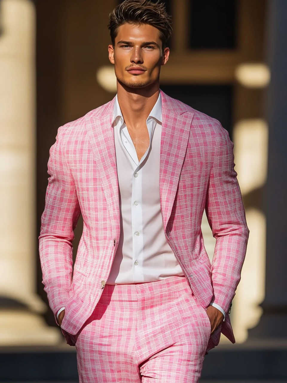 Summer Pink Plaid Mens Tuxedos - Men Formal Wear In Summer บทวิจารณ์และราคา